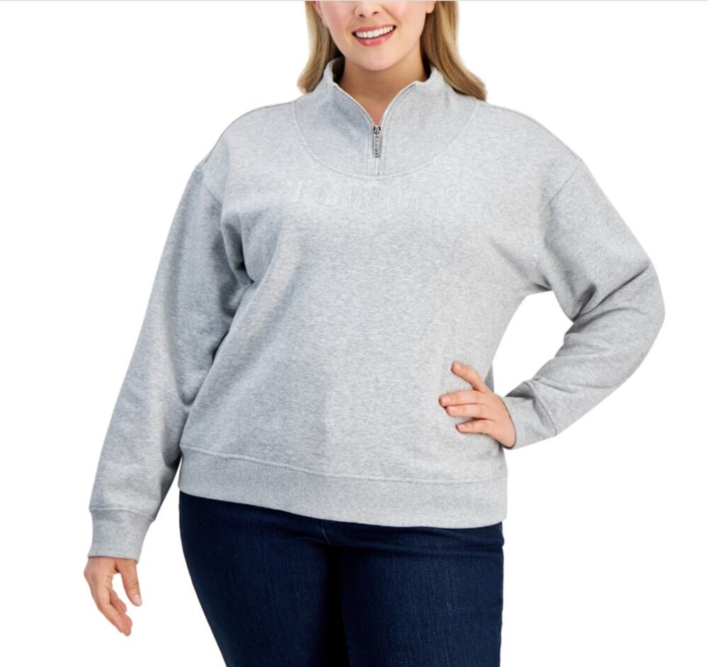 Tommy Hilfiger Plus Size Logo Quarter-Zip Sweatshirt - Stone Grey Heather 2XL